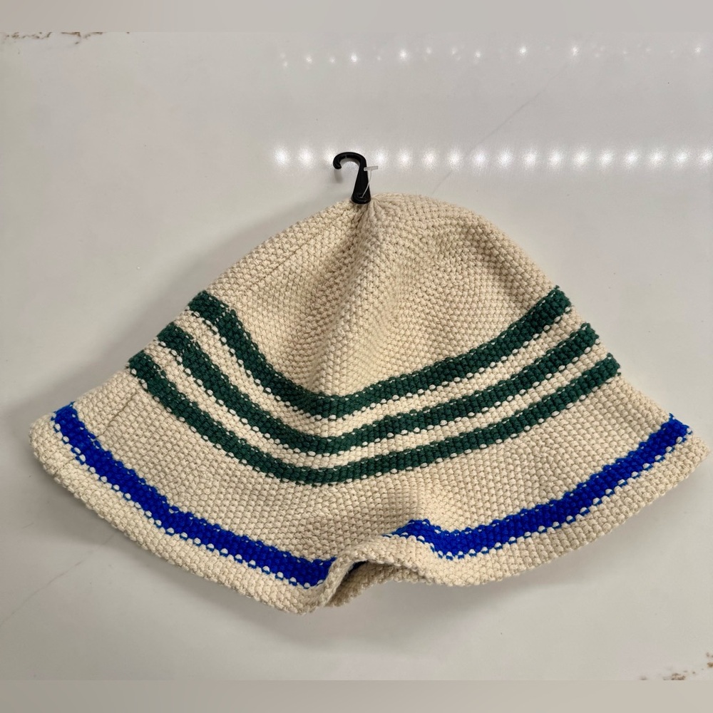 NWT Organic Cotton Cream Crochet Bucket Hat with Green and Blue Stripes